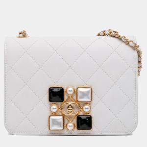 Pre Owned Chanel Ivory Small CC Quilted Calfskin Crystal Pearl Full Flap