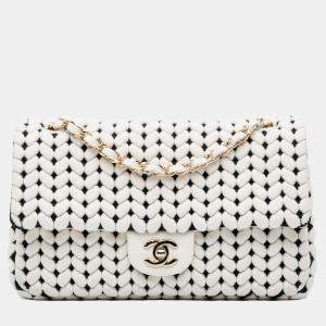 Chanel Black/White Medium Calfskin and Wool Knit Single Flap