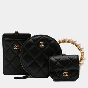 Chanel Black Lambskin Pearl Crown CC Wristlet Multi Pouches