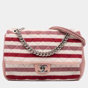 Pre Owned Chanel Pink White Jumbo Stripe Jersey Felt and Rope Flap