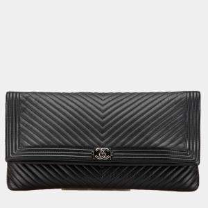 Chanel Black Chevron Calfskin Boy Fold Over Clutch