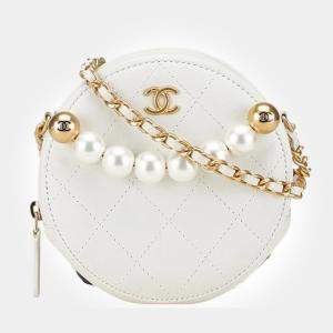 Chanel Coco Mark Matelasse Chain Mini Shoulder Bag White Leather Faux Pearl