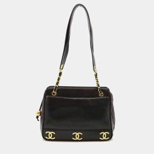 Chanel Triple Coco Ball Mark Chain Shoulder Bag Tote Leather Black