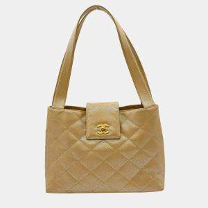 Chanel Handbag Caviar Skin Coco Mark Leather Beige Gold