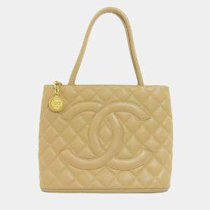 Chanel Beige Grained Calfskin Leather Tote Bag 