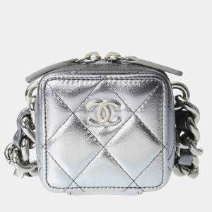 Chanel Silver Lambskin Matelasse Cube Chain Shoulder Bag