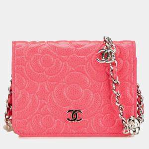 Chanel Pink Caviar Skin Camellia Coco Mark Chain Wallet Mini Shoulder Bag