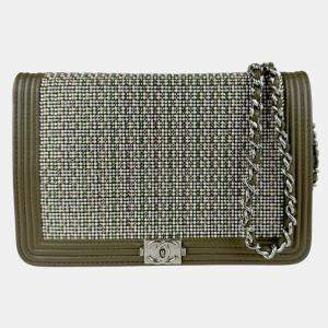 Chanel Khaki Silver Rhinestone Leather Chain Wallet