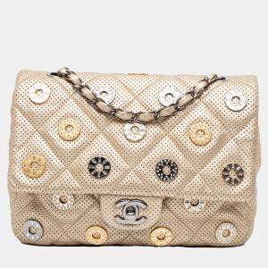 Pre Owned Chanel Gold Paris-Dubai Small Perforated Metallic Lambskin Medals Flap