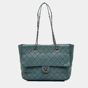 Chanel Blue Large CC Quilted Washed Lambskin Front Flap Tote