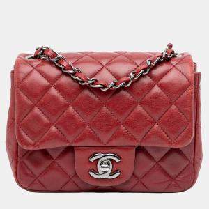 Pre Owned Chanel Red Mini Square Classic Lambskin Single Flap