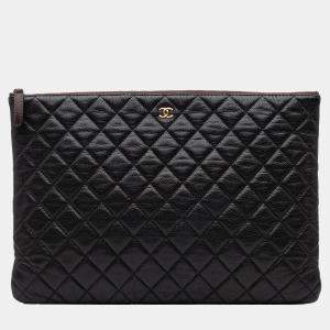 Chanel Black Large Quilted Caviar O Case Clutch