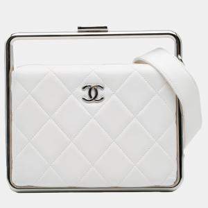 Chanel White Quilted Lambskin Metal Bar Convertible Clutch
