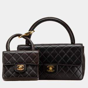 Chanel Black Lambskin Parent Child Kelly Set Top Handle Bag