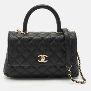 Pre Owned Chanel Black Quilted Caviar Leather Mini Coco Top Handle Bag