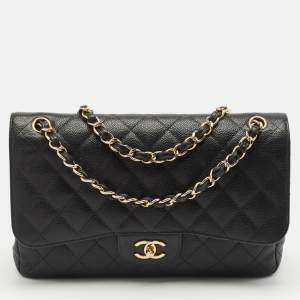 مملوكة مسبقًا Chanel Black Quilted Caviar Leather Jumbo Classic Double Flap Bag