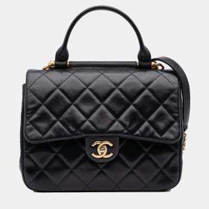Chanel Black Medium Quilted Glazed Calfskin Gold Bar Top Handle Flap