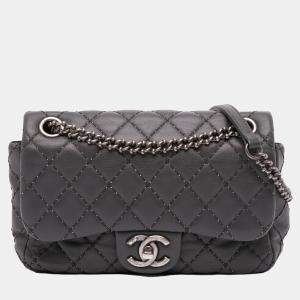 Chanel Grey Quilted Lambskin Stitched Single Flap
