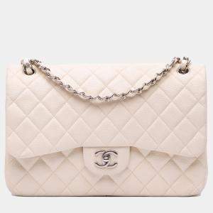 Chanel White Jumbo Classic Caviar Double Flap