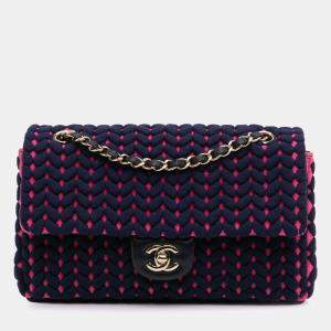 Chanel Navy Blue/Pink Medium Classic Woven Jersey Single Flap