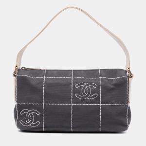 Pre Owned Chanel Black White CC Chocolate Bar Canvas Shoulder Bag
