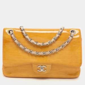 Chanel Yellow Striped Patent Leather Jumbo Classic Double Flap Bag