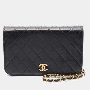 Pre Owned Chanel Black Lambskin Full Flap Chain Shoulder Bag