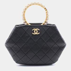 Chanel Black Leather Pearl Crown Handle Clutch Bag