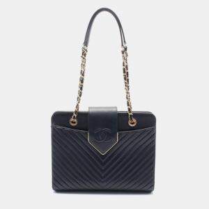 Chanel Navy Chevron Leather V-Stitch Tote Bag 