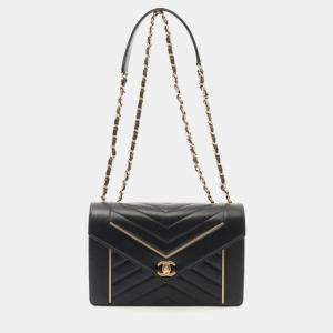 Chanel Black Leather Reversed Chevron Flap Bag