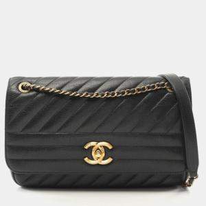 Chanel Black Leather Diagonal Quilted Flap Bag