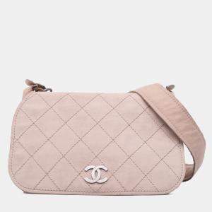 Pre Owned Chanel Beige Brown Calfskin Stitched Highlander Messenger Bag