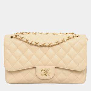 Chanel Beige Caviar Leather Jumbo Classic Double Flap Bag