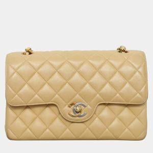 Chanel Beige Quilted Lambskin Leather Vintage Timeless Double Flap Bag