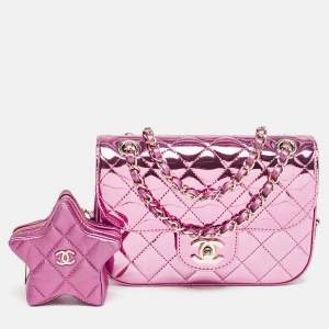 Chanel Pink Quilted Mirror Leather Mini Hollywood Boulevard Flap Bag With Star Coin Purse