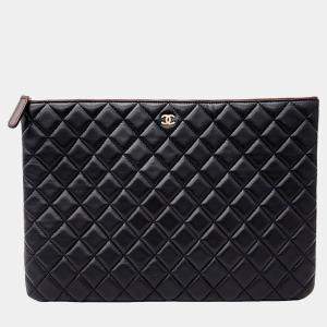 Chanel Black Leather Lambskin Large Clutch