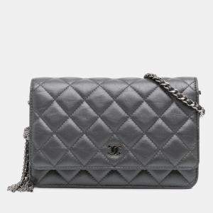 Chanel Grey Quilted Aged Calfskin Tassel Wallet On Chain