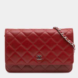Chanel Red CC Quilted Lambskin Wallet on Chain
