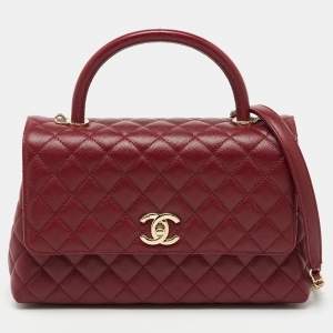 Pre Owned Chanel Red Quilted Caviar Leather and Lizard Embossed Leather Small Coco Top Handle Bag