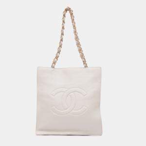 Chanel White Shiny Aged Calfskin North South Shopping Tote