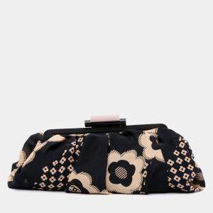 Chanel Black Brown CC Silk Camellia Frame Clutch