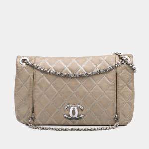 Pre Owned Chanel Beige Quilted Metallic Distressed Lambskin CC Crystal Flap