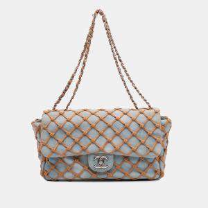 Chanel Blue Brown Jumbo Denim Canebiers Net Flap