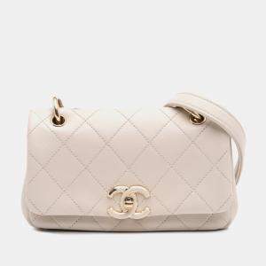 Pre Owned Chanel Beige Medium Lambskin Twist Chain Enamel CC Flap