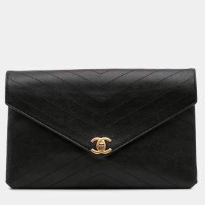 Chanel Black CC Chevron Calfskin Envelope Clutch
