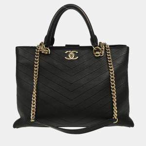 Chanel Black Lambskin Chevron Tote Bag