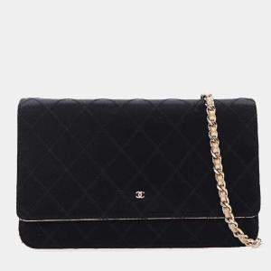 Chanel Black Gold Bicolor Satin Diamond Stitch Wallet On Chain