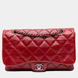 Pre Owned Chanel Red Quilted Lambskin 3 Accordion Flap