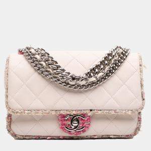 Pre Owned Chanel White Quilted Lambskin and Tweed Elegant Trim Flap