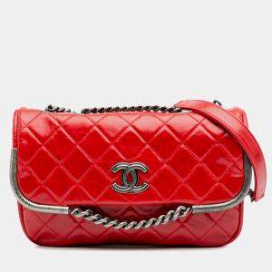 Pre Owned Chanel Red Calfskin Aged CC Chain Frame Flap